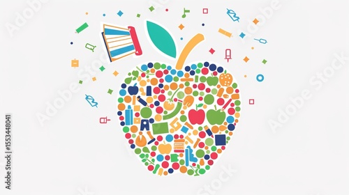 Red Education Apple Symbol on Stacked Books with Graduation Cap and Pencil, Minimalist Knowledge Icon on Chalkboard Background for Academic Branding and Teacher Appreciation