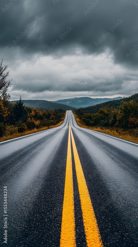 Fototapeta premium A long, straight road extending into the distance, flanked by rugged mountains under a cloudy sky wallpaper