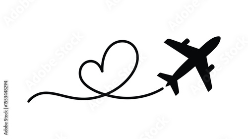 Plane Flying with Heart-Shaped Route: Destination, Honeymoon, and Vacation Concept

