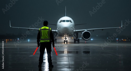 Nighttime Aircraft Guidance Airfield Ground Crew Directing Airplane on Rainy Runway