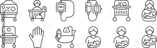 Healthcare and Medical Icons Featuring Equipment, IV, and Caregivers