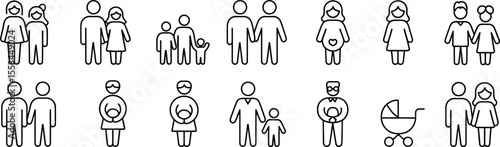 Family and Parenthood Icons Featuring Parents, Children, and Strollers