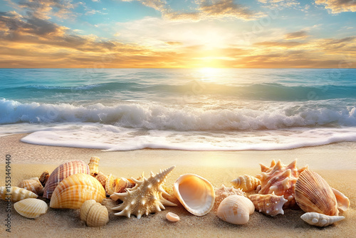 a beach with shells and a sunset in the background