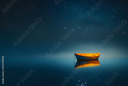 a boat floating on top of a lake under a night sky