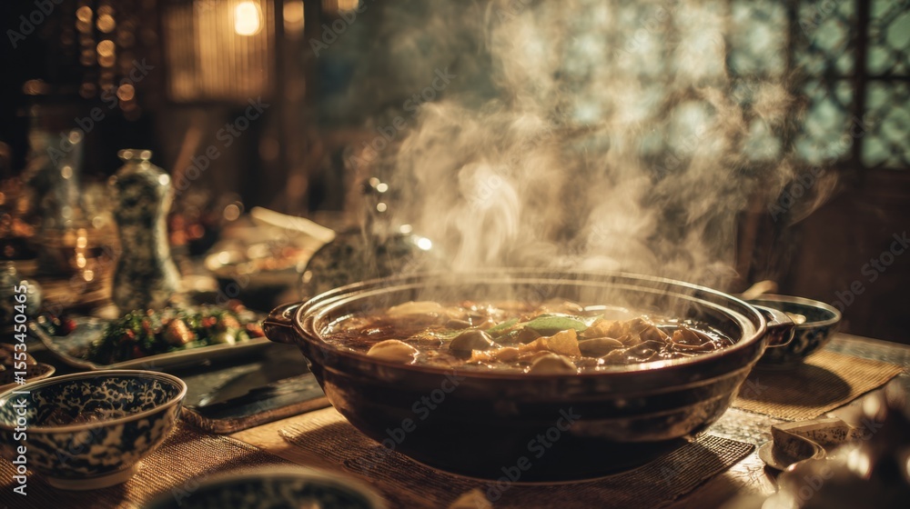 A dynamic shot of a steaming hot pot with a variety of ingredients simmering, set in a cozy dining room with traditional Asian tableware and ambient lighting. A dynamic shot of a steaming hot pot with a variety of ingredients simmering, set in a cozy dining room with traditional Asian tableware and ambient lighting.