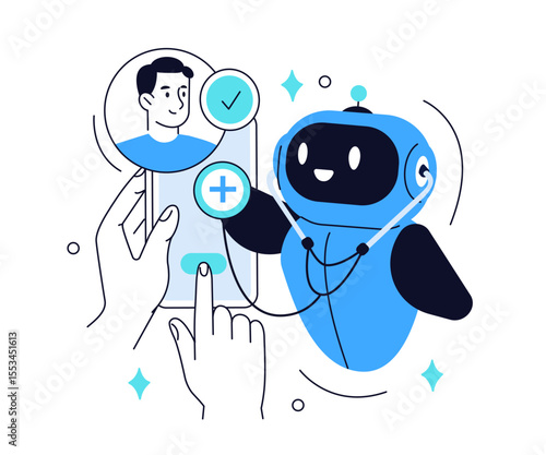 Artificial intelligence in medicine. Ai robot character with doctor stethoscope consulting patient in smartphone app. Healthcare technology concept. Vector illustration.