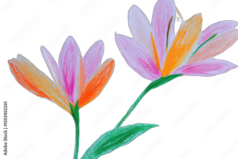 Two colorful flowers, sketched with various shades of pink, orange, and green, in a childlike style Two colorful flowers, sketched with various shades of pink, orange, and green, in a childlike style