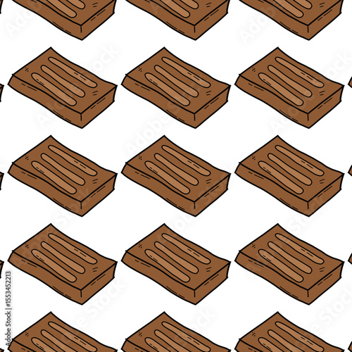 A seamless pattern featuring cartoon-style chocolate bars in brown color, arranged diagonally on a white background. Ideal for confectionery packaging, branding, or sweet-themed design projects.