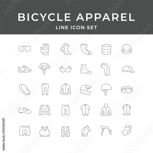 Bicycle Apparel Line Icon Set – Cycling, Clothing, Helmet, Gloves, Jersey, Shorts, Gear, Minimal Vector Collection