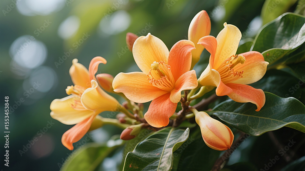 Fototapeta premium A vibrant cluster of golden-orange flowers blooms in layered harmony, each petal radiating warmth and energy. Set against glossy green leaves and a soft-focus background