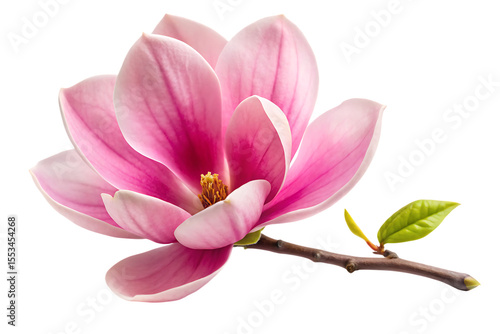 Large pink magnolia flower with green leaves on a branch isolated on a transparent background blossom
