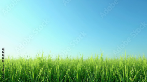 Lush green grass stretches under clear blue sky, creating serene and tranquil landscape that evokes sense of peace and nature beauty
