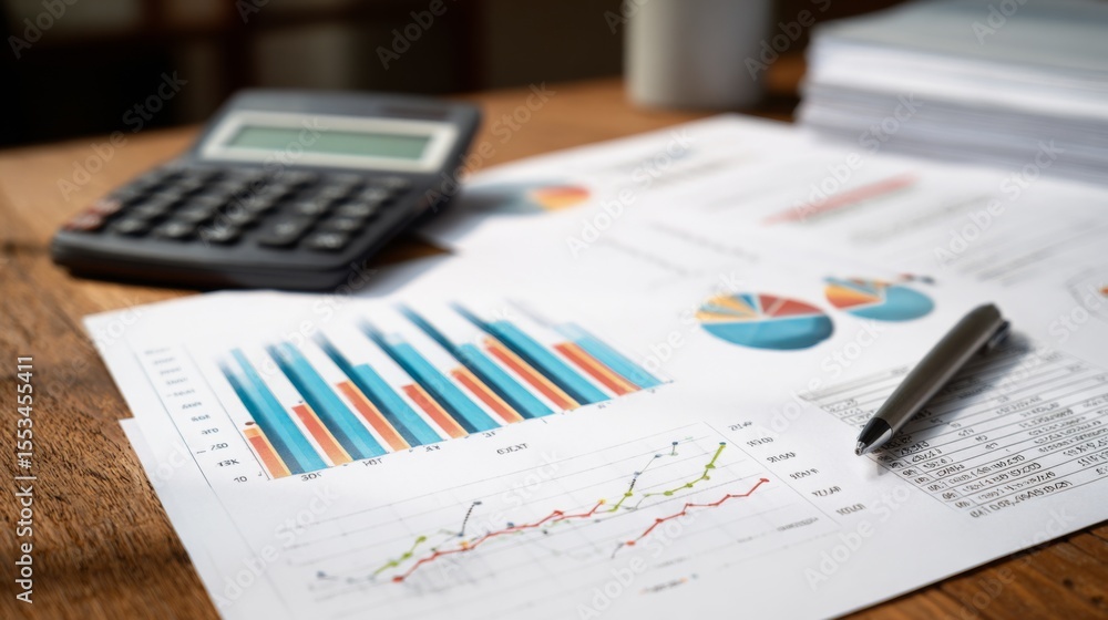 Obraz premium A high-resolution image of a financial report with detailed bar graphs, line charts, and pie charts, placed on a desk with a calculator and financial documents.