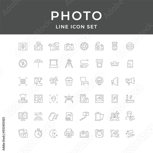 Photo Line Icon Set – Camera, Photography, Lens, Studio, Flash, Tripod, Portrait, Minimal Vector Collection