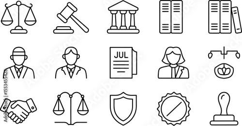 Law and Legal Icons Featuring Scales, Gavel, Judge, and Legal Documents