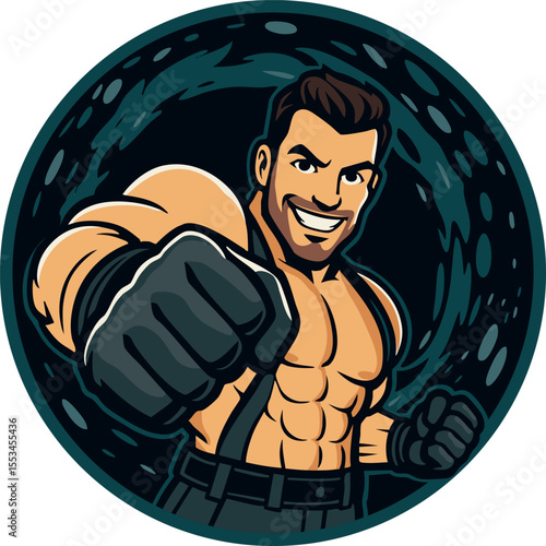 Fist of gay man in rubber tube. Round graphic gay symbol with big fist in latex glove (vector)