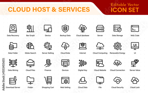 Set of web hosting and cloud services icons. Linear style icon bundle.Outline icon collection.