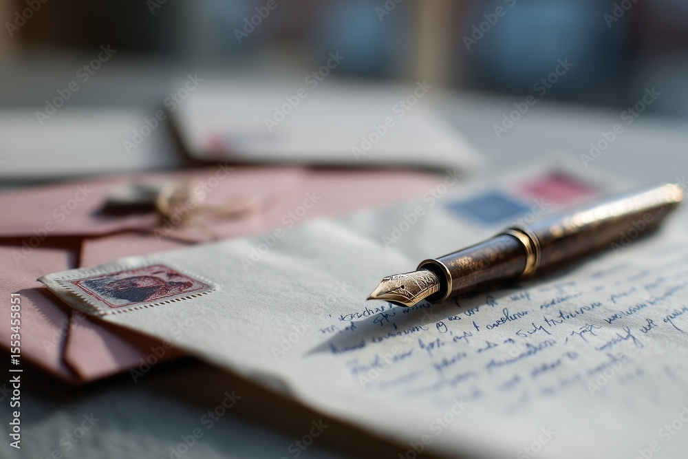 Fototapeta premium Close-up of elegant fountain pen on handwritten letter, emphasizing classic correspondence and nostalgic communication with envelopes.