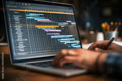 Project Management Software on Laptop Screen.