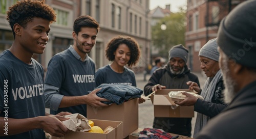 Volunteers distributing food and clothes to homeless people, warm lighting, concept of kindness and charity, outdoor urban setting
