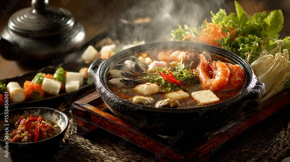 Fototapeta premium A high-resolution image of a traditional hot pot meal with a sizzling broth, fresh seafood, and vegetables, with dipping sauces and garnishes on the side.