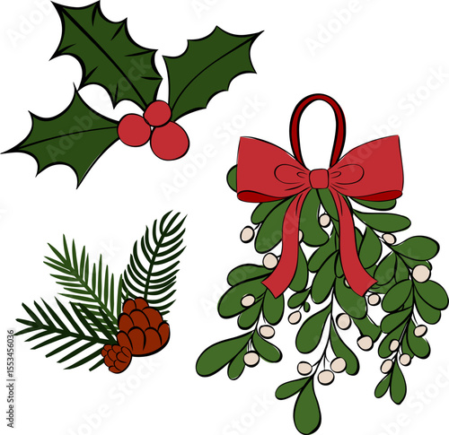 Omela, Holly, pine tree branch and cone composition set. Vector graphic line ink illustration. Christmas celebration. Happy new year. For logo, web, package, sticker. social media, party or sale