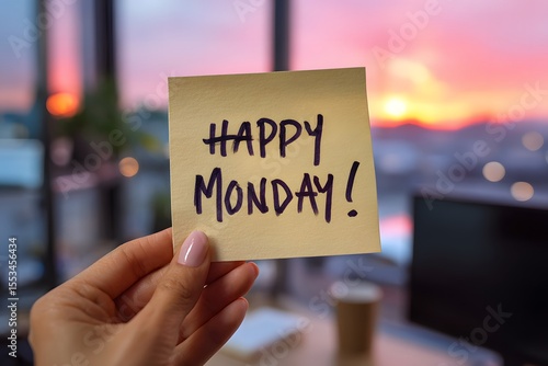 Cardboard note with “happy monday!” handwritten, held by a hand with office setting in background, suitable for themes like workplace positivity, startup culture, or cheerful communication.