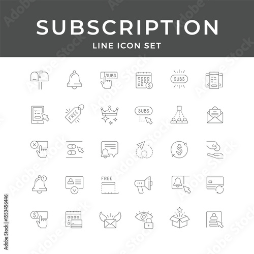 Subscription Line Icon Set – Membership, Service, Payment, Notification, Email, Renewal, Plan, Minimal Vector Collection