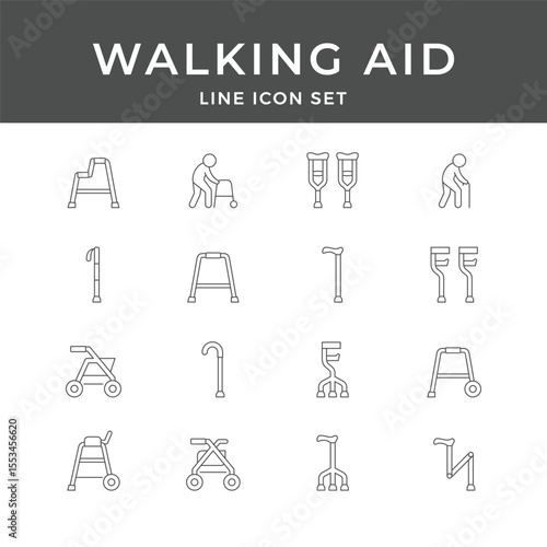 Walking Aid Line Icon Set – Walker, Cane, Crutch, Mobility, Elderly, Disability, Support, Minimal Vector Collection