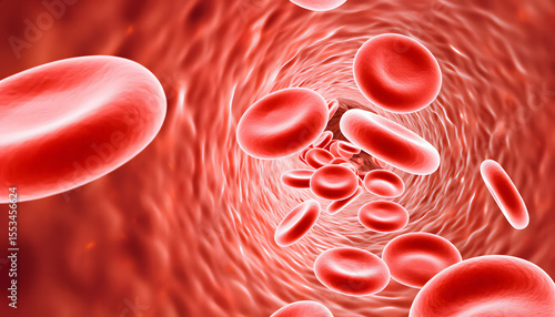 A red blood cells (erythrocytes) and platelets flowing smoothly through a blood vessel.