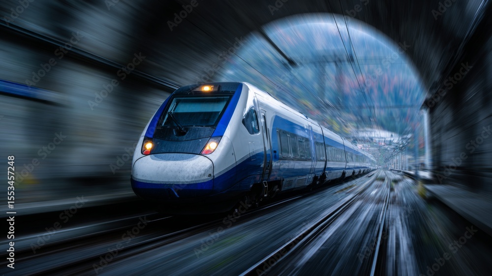 Naklejka premium A high-speed train at full speed, passing through a tunnel in a mountainous region, with blurred motion capturing the sense of speed.