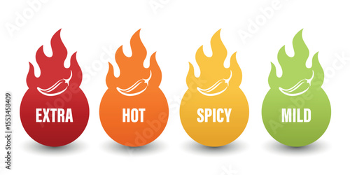 Vector Spicy Level Emblems, Icons with Chili Pepper in Flame Shapes. Extra Hot, Hot, Spicy and Mild Labels for Food Packaging, Menu Tags, Sauce Labels or Restaurant Spiciness Indicator, Vector Set