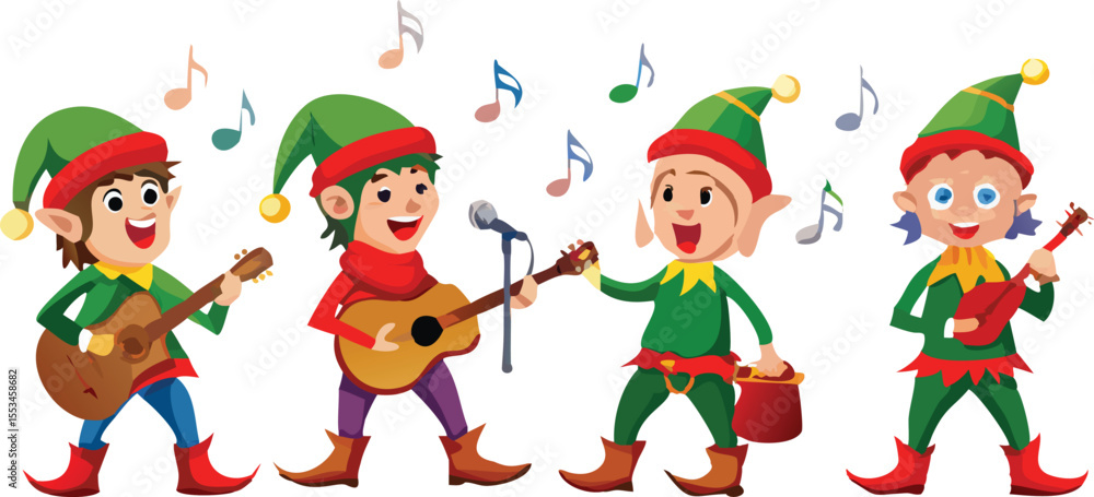 Fototapeta premium Cartoon Elves Singing in Band Illustration.