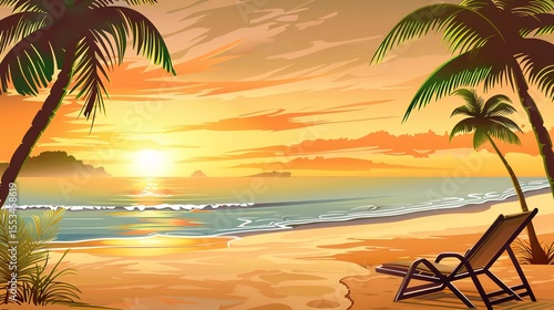 Tranquil Beach Sunset with Golden Horizon and Silhouetted Palm Trees, Calm Ocean Waves under Pastel Sky Featuring Serene Seascape Ambiance for Travel and Relaxation Themes