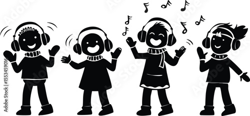 Children in Earmuffs Singing Happily.