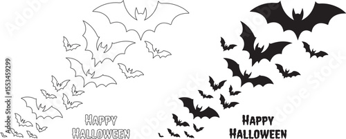 Silhouette and Outline Bat Set – Halloween Flying Bats Vector Illustration