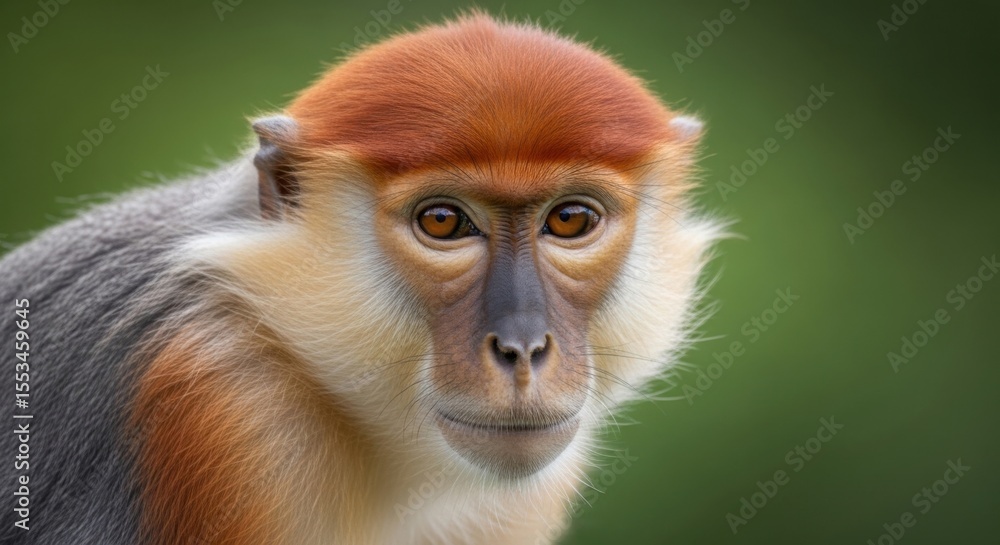 Obraz premium Close up portrait of a colorful wild guenon monkey with striking orange cap and gray fur gazing intently at the camera in a natural green environment