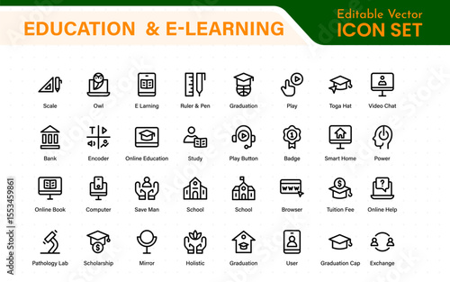 Education set of web icons in line style. Learning icons for web and mobile app. E-learning, video tutorial, knowledge, study, school, university, webinar, online education.
