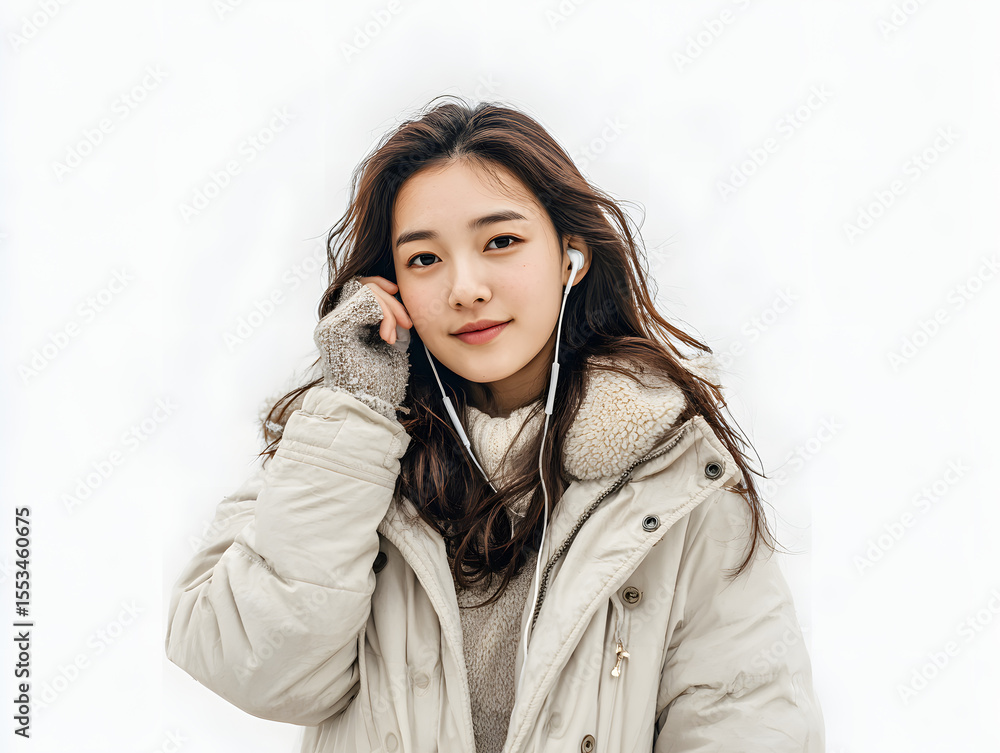 female in winter layers holding her phone female in winter layers holding her phone
