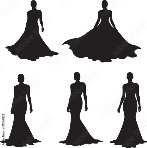 A collection of five elegant female silhouettes wearing long evening gowns, illustrated in solid black with minimal detail, posed in fashion show style, isolated on white bac Adobe Illustrator Artwork