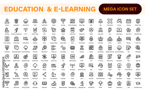 Education set of web icons in line style. Learning icons for web and mobile app. E-learning, video tutorial, knowledge, study, school, university, webinar, online education.
