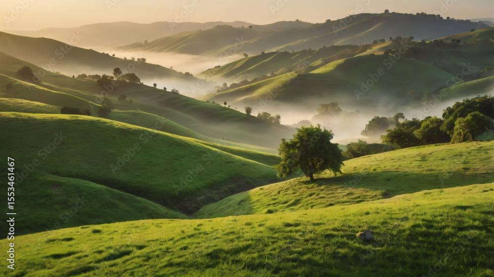 Fototapeta premium Serene Sunrise over Rolling Green Hills and Misty Valleys