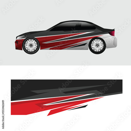 Sporty car livery decal design with modern graphic motif. Aggressive look with a combination of red, black, and gray