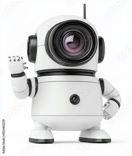 Cute Robot Character with Camera Lens and Friendly Gesture