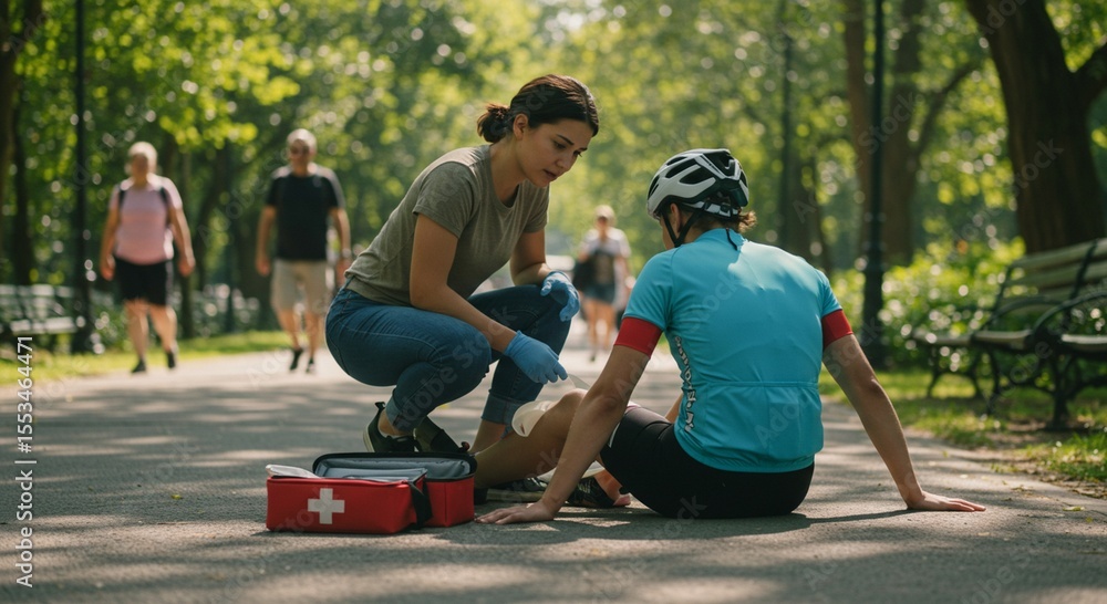 Obraz premium Person applying first aid to an injured cyclist in the park, emergency care concept, bright sunny day, real-life action scene