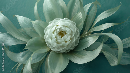 Close up of a delicate white flower with translucent pale green petals against a teal background