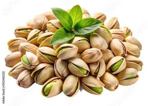 Pile of shelled and unshelled pistachios with green leaves on black background isolated on a transparent background