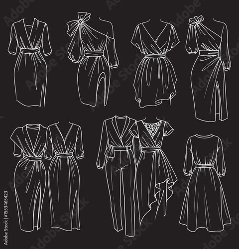  series of fashion design concepts emphasizing asymmetry, draping, and unique silhouettes for women's special occasion wear