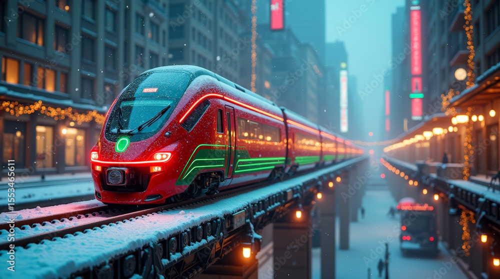 Fototapeta premium Modern Christmas Train on Snowy Elevated Track in Festive Cityscape with Holiday Lights and Snowfall