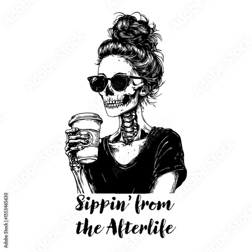 Skeleton Woman with Sunglasses and Coffee, Vintage Tattoo Style with Funny Afterlife Text for T-Shirt Print
